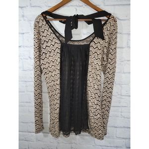 Anthropologie A’reve Black Beige‎ Medium Lace Chevron Bow Tie Back Pleated